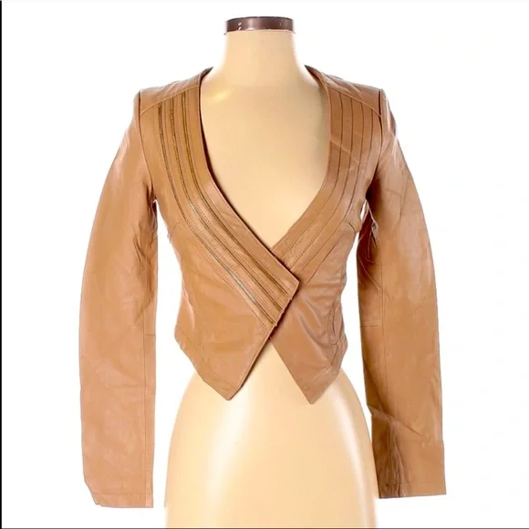 Tan Leather Asymmetrical Zip Front Jacket - Picture 1 of 2